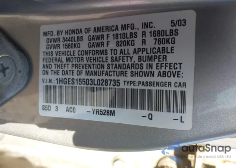 2003 Honda Civic Lx из США, поврежденный, VIN 1HGES15503L028735